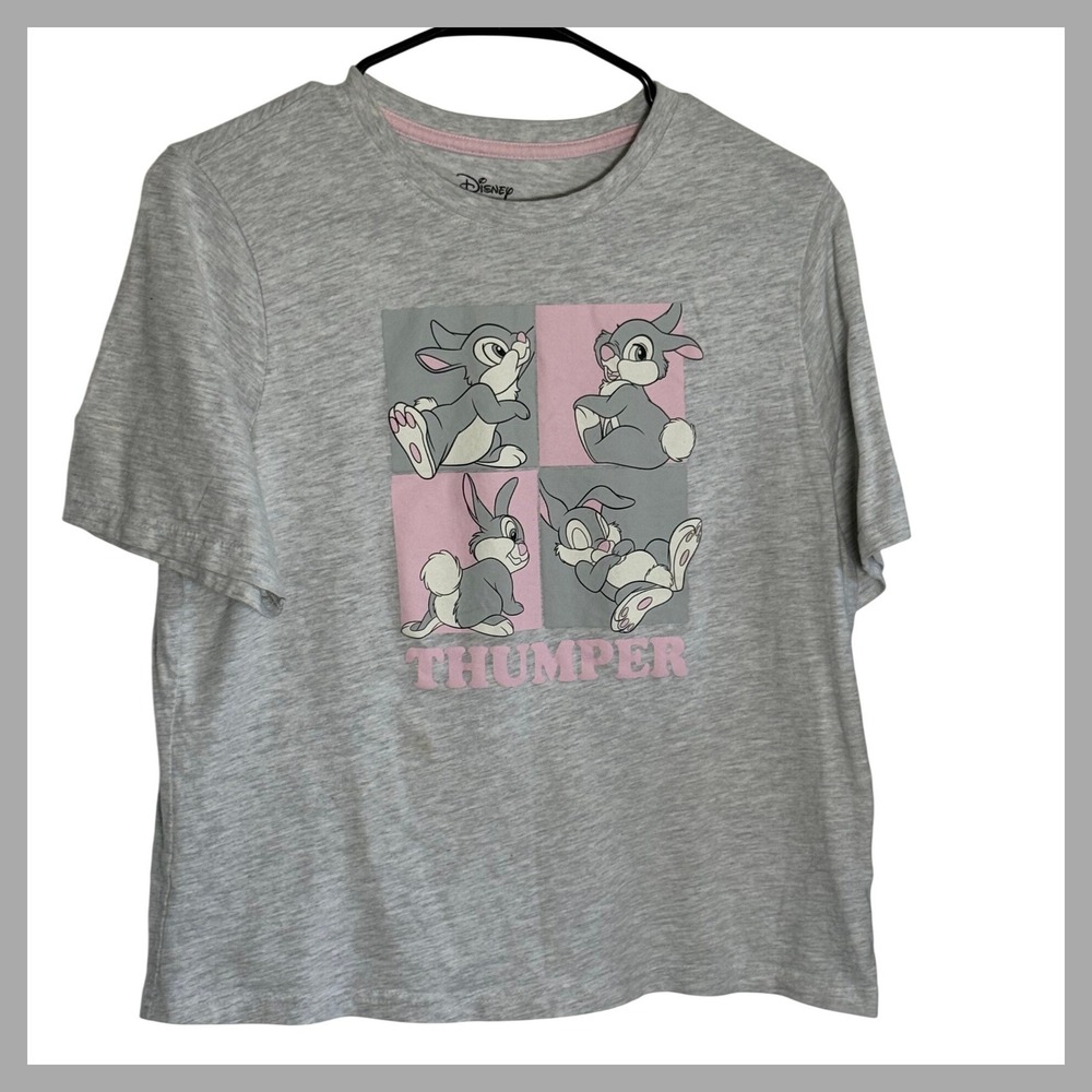Disney Bambi Thumper Graphic Tee Gray Pink Short Sleeve Crew Neck Shirt